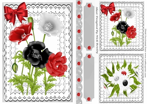 Lovely  card fronts/toppers & tags on lace with black/red flowers A5