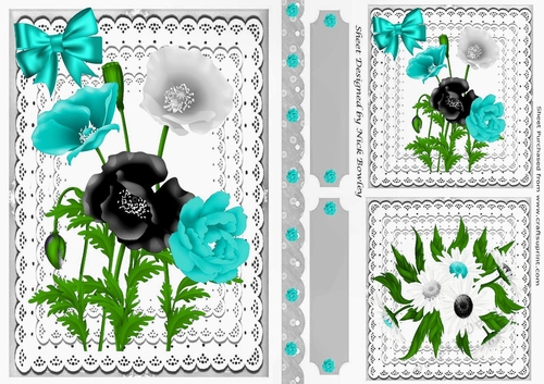Lovely  card fronts/toppers & tags on lace with black/turq flowers A5
