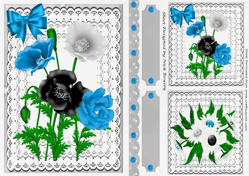 Lovely  card fronts/toppers & tags on lace with black/blue flowers A5