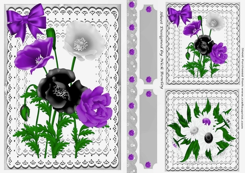 Lovely  card fronts/toppers & tags on lace with black/purple flowers A5