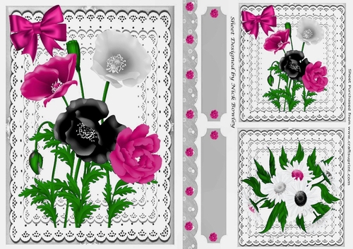Lovely  card fronts/toppers & tags on lace with black/pink flowers A5