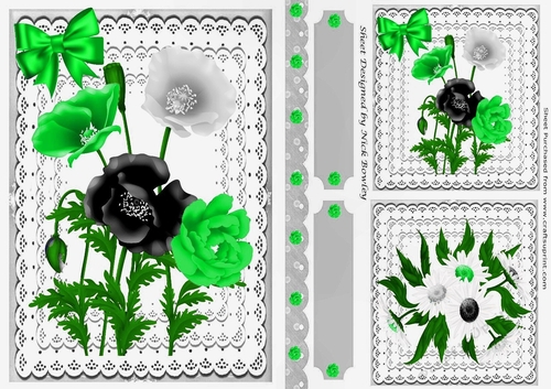 Lovely  card fronts/toppers & tags on lace with black/green flowers A5