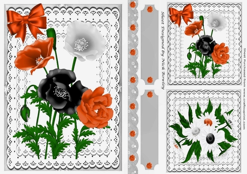 Lovely  card fronts/toppers & tags on lace with black/orange flowers A5