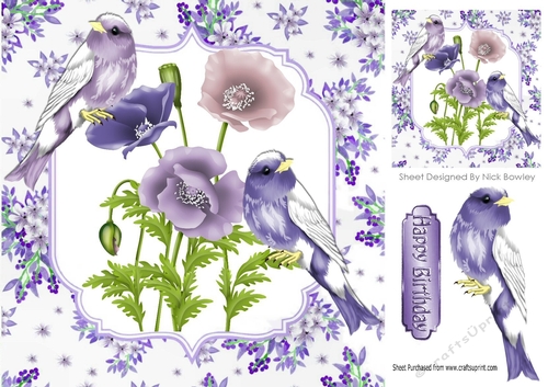 Pretty delicate flowers in purple with birds card front 8x8