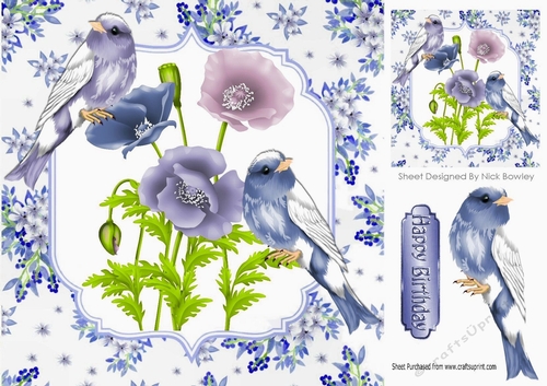 Pretty delicate flowers in blue with birds card front 8x8