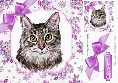 Pretty delicate flowers in lilac with water colour cat card front 8x8
