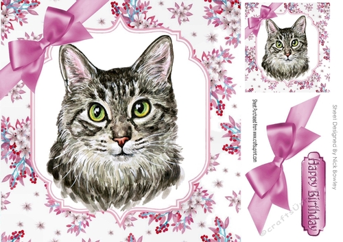 Pretty delicate flowers in pink with water colour cat card front 8x8