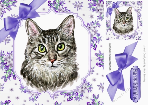 Pretty delicate flowers in purple  card front with water colour cat 8x8