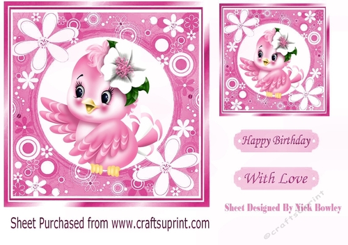 Cute little pink bird in flower frame 7x7