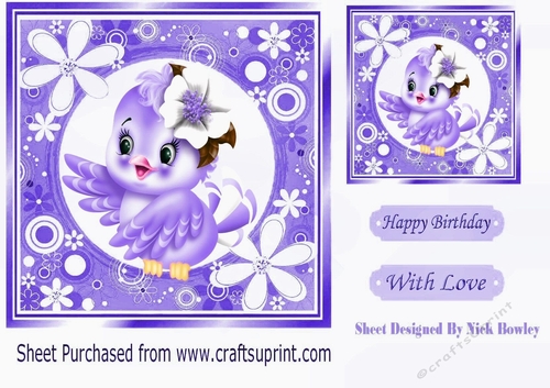 Cute little purple bird in flower frame 7x7