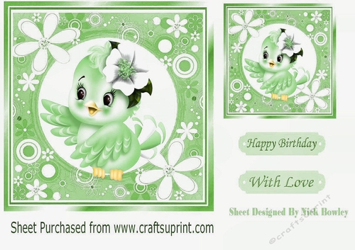 Cute little green bird in flower frame 7x7