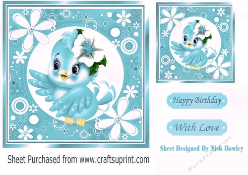 Cute little blue bird in flower frame 7x7