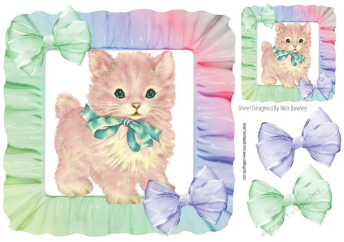Pretty kitten vintage design in rainbow frill frame with bows 8x8