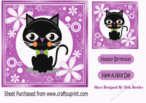 Cartoon black cat in funky purple flower frame 7x7