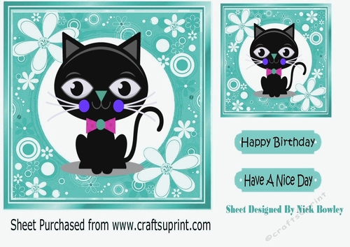 Cartoon black cat in funky turq flower frame 7x7