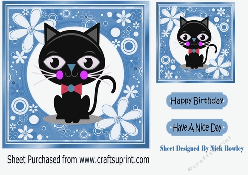 Cartoon black cat in funky blue flower frame 7x7