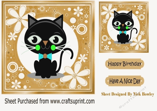 Cartoon black cat in funky gold flower frame 7x7