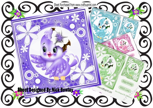  4 Cute little birds in funky flower frames card fronts 7x7 mini kit