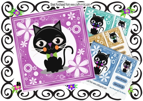  4 lovely Cartoon black cats in funky flower frames card fronts 7x7 mini kit