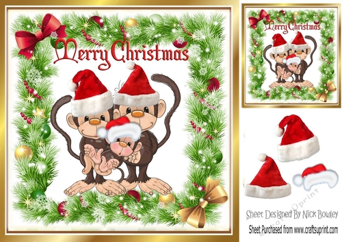 Cute family of monkeys in santa hats in holly frame 8x8