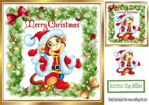 Cheeky monkey in a  santa hat in holly frame with bows 8x8