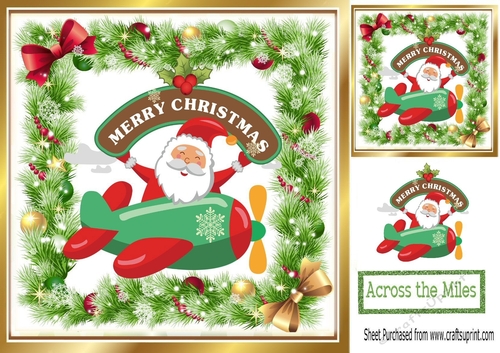 santa in a plane in holly frame with bows 8x8