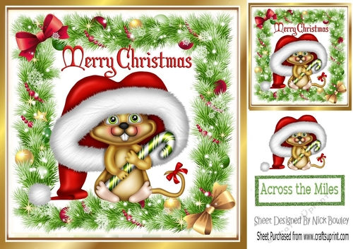 Jolly little mouse in santa hat, in holly frame with bows 8x8