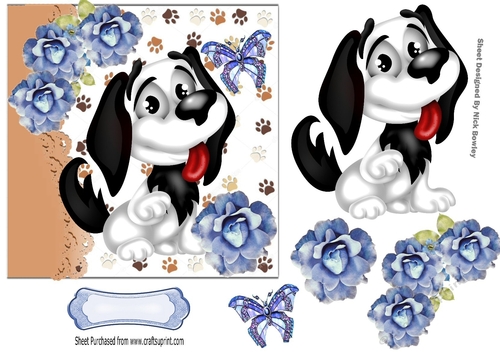 Cute black and white Cartoon dog with blue roses 7x7