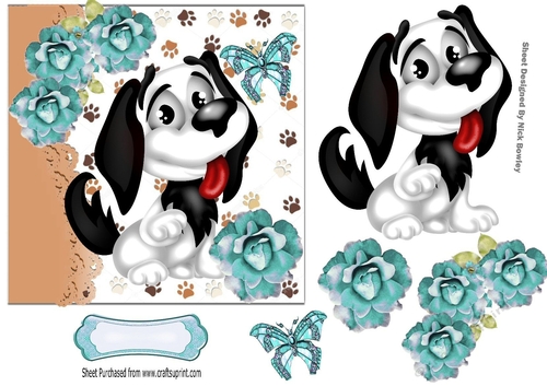 Cute black and white Cartoon dog with turq roses 7x7
