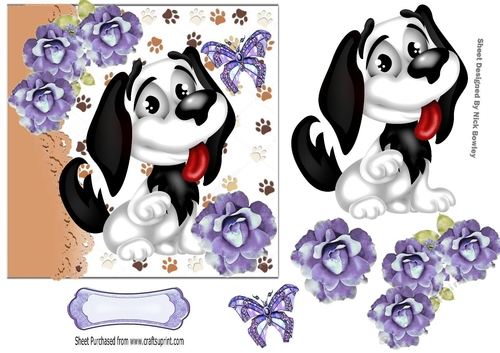 Cute black and white Cartoon dog with purple roses 7x7