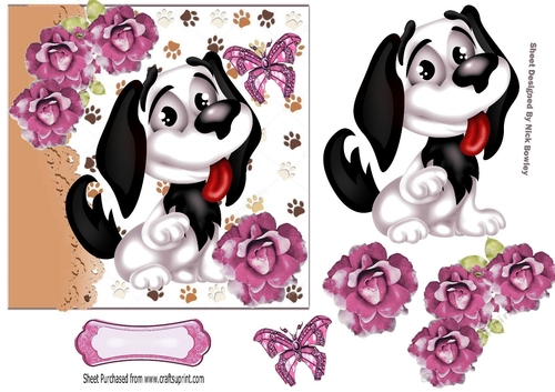 Cute black and white Cartoon dog with pink roses 7x7