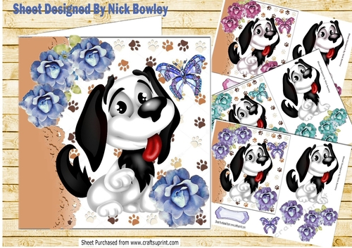 4 Cute black and white Cartoon dogs with  roses 7x7 card fronts mini kit