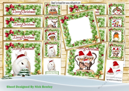 8 Lovely Christmas Card fronts in holly frames of Animals 8x8 bumper kit