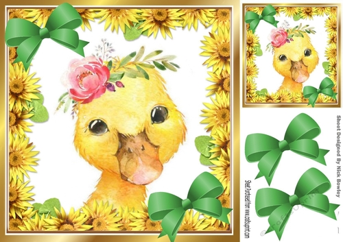 Cute water colour yellow duck with daisies & bows 8x8