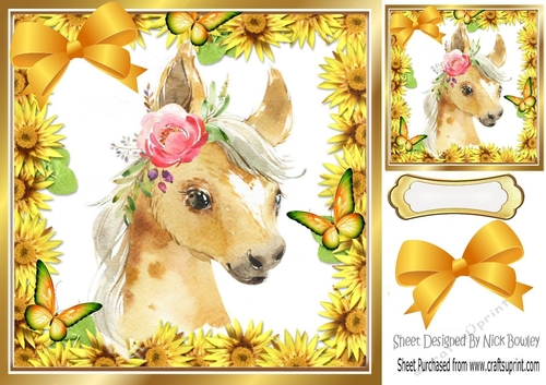 Cute water colour pony with daisies bow, and butterflies 8x8