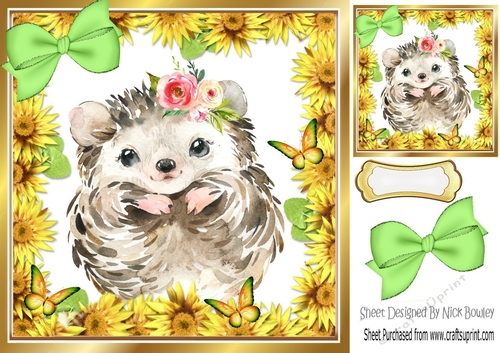 Cute water colour hedgehog with daisies bow, and butterflies 8x8