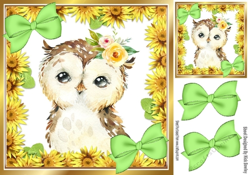 Cute water colour owl with daisies bows 8x8