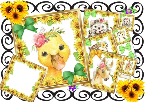Cute water colour Animals with daisies & bows card fronts 8x8 mini kit 