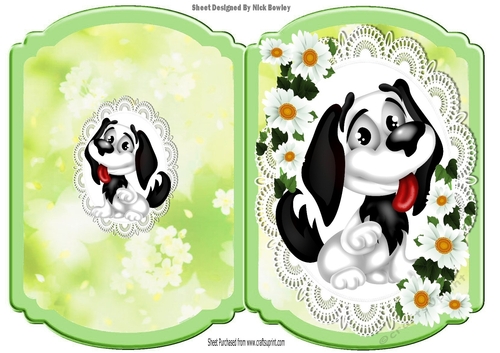 Cute cartoon black and white puppy on lace with daisies Bracket card