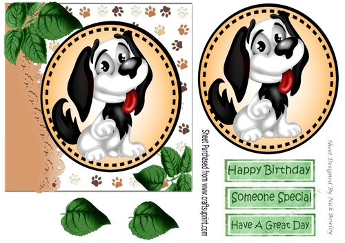 Cartoon black/white dog with leaves in 7x7 frame