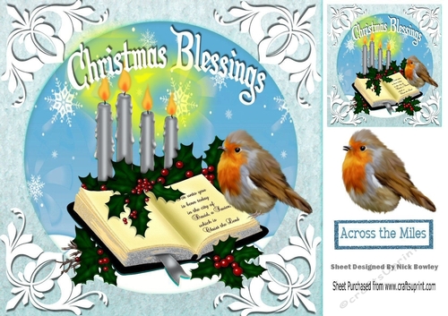 Lovely robin, bible with candles christmas blessings 8x8 (four)