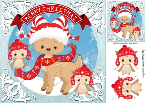 Cute reindeer in red scarf with owls 8x8