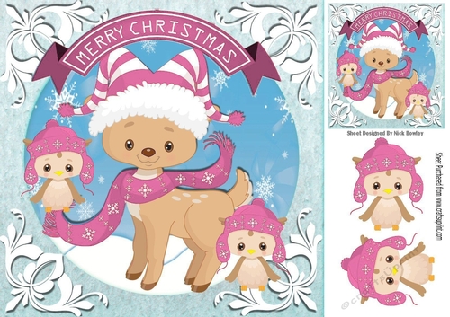 Cute reindeer in pink scarf with owls 8x8
