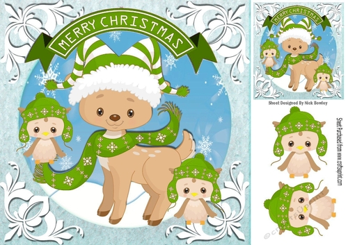 Cute reindeer in green scarf with owls 8x8