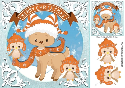 Cute reindeer in orange scarf with owls 8x8