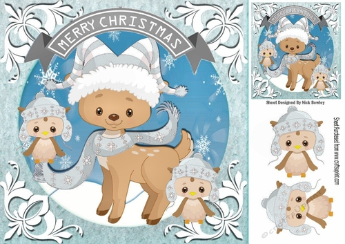 Cute reindeer in silver scarf with owls 8x8