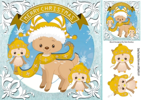 Cute reindeer in gold scarf with owls 8x8