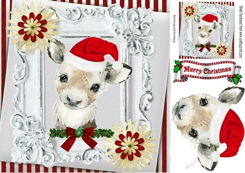 Cute water colour reindeer in santa hat in ornate frame 8x8