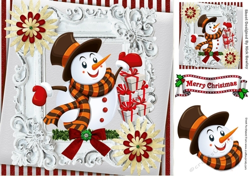 lovely snowman with presents in ornate red stripe frame 8x8