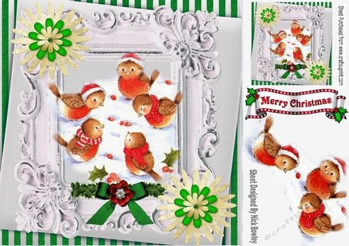 lovely Little robins playing in the snow in ornate green stripe frame 8x8